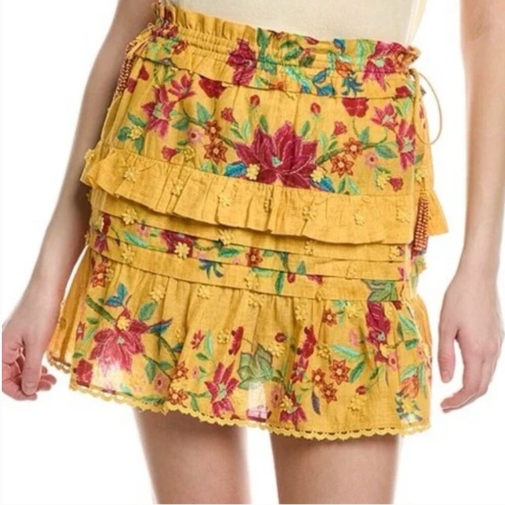 Farm Rio Flower Dream Ruffle Mini Skirt Yellow Size Medium